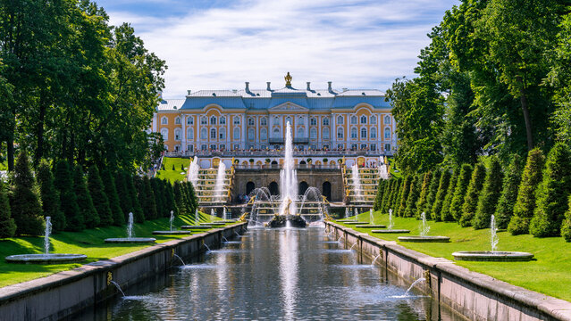 St Petersburg, Russia - Aug 5, 2015: Beautiful views at the Petergof Museum Complex