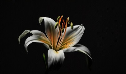  a white and yellow flower on a black background with a black back ground and a black background with a white and yellow flower in the center.  generative ai