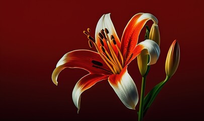  a close up of a flower on a red background with a red background and a white and orange flower on the right side of the image.  generative ai