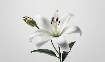  a white flower with a green stem in a vase on a white background with a gray background and a white background with a white background.  generative ai