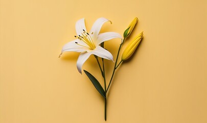  two white lilies on a yellow background with green leaves and stems in the center of the image, with a single flower in the middle of the image. generative ai