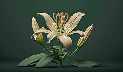  a white flower with green leaves on a green background with a green background and a dark green background with a white flower and green leaves.  generative ai