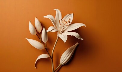  a white flower on an orange background with a brown background and a white flower on the right side of the image with a brown background and white flower on the left side.  generative ai