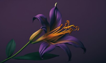  a purple flower with yellow stamens on a purple background with a green leafy stem and a purple background with a purple background.  generative ai