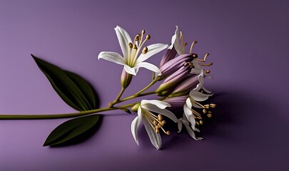  a bunch of white and purple flowers on a purple surface with a green stem and green leaves on the end of the stem and a purple background.  generative ai