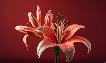  a close up of a pink flower on a red background with a black spot on the center of the flower and a black spot on the center of the flower.  generative ai