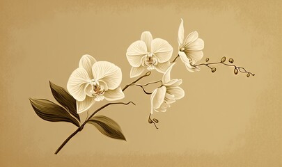  a drawing of a branch with flowers and leaves on a beige background with a sepia tone effect to the bottom of the image and bottom half of the branch.  generative ai