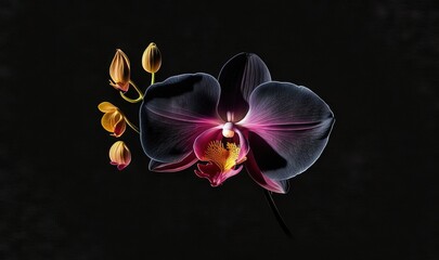  a purple and yellow flower is on a black background with a black background and a black background with a black background and a black background with a purple flower.  generative ai