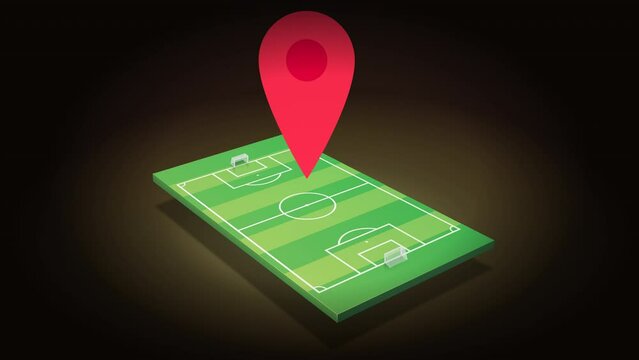 Looping animation of a red geo location marker hopping across a 3D soccer field with its markings, goals and green turf (dark background with shadow)