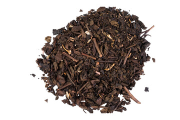 Dry fermented tea leaves with cinnamon on white background.