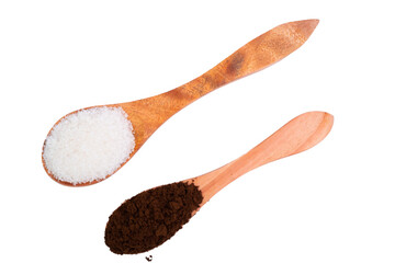 Granulated sugar and black coffee with a wooden spoon isolated on white background.