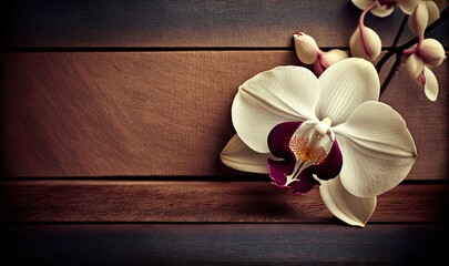  a white and purple flower sitting on top of a wooden table next to a wooden planked wall with a wooden floor in the background.  generative ai