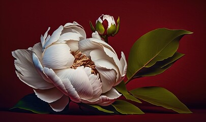  a large white flower with green leaves on a red background with a red background and a red background with a white flower and green leaves.  generative ai
