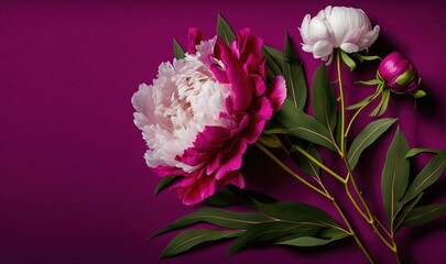  a pink and white flower on a purple background with green leaves and buds on the stem of the flower, and a single white and pink peonie flower on the stem.  generative ai