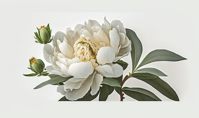  a large white flower with green leaves on a white background with a white background behind it is a picture of a large white flower with green leaves on it's stem.  generative ai