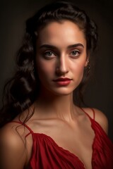 Fototapeta premium Woman in a Red Dress Portrait. Generative AI