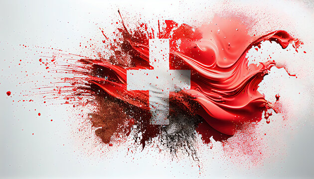Liquid Paint Colors of Switzerland Flag Dripping and Explosion Abstract Art on White Background Generative AI