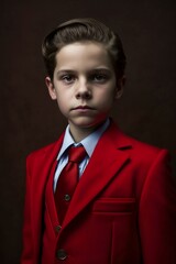 Young Boy Businessman Portrait in a Red Suit. Generative AI