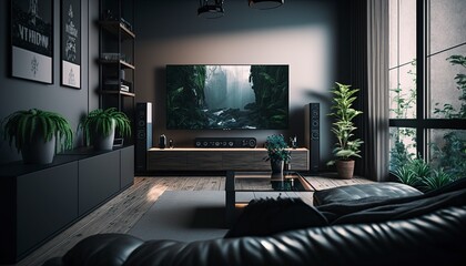 Living room interior, big tv on wall