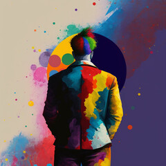 Obraz na płótnie Canvas Back view of a clown on a colorful background. Generative AI.
