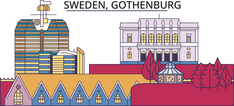 Sweden, Gothenburg tourism landmarks, vector city travel illustration