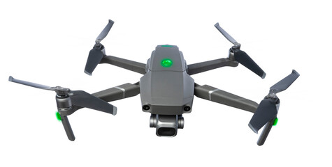 Top view of flying drone with rotating blades isolated on transparency background