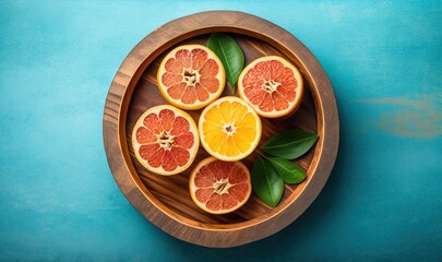  a wooden bowl filled with sliced oranges on top of a blue table top next to a green leafy plant on top of a blue surface.  generative ai