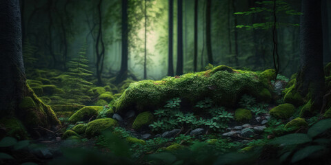 Fototapeta na wymiar sous bois humide avec mousse et fougères, forêt sauvage et obscure, végétation dense