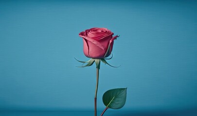  a single pink rose with a green stem on a blue background with a green leaf in the foreground and a blue background behind it.  generative ai