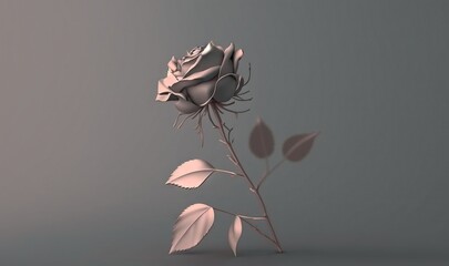 a single white rose with leaves on a gray background with a shadow of the rose on the left side of the frame and a shadow of the rose on the right side of the.  generative ai