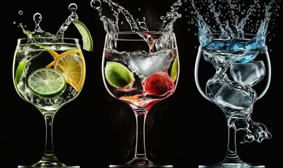  three glasses filled with different types of alcohol and water splashing out of the top of the glasses, with limes, kiwi, lemons, and watermelon.  generative ai