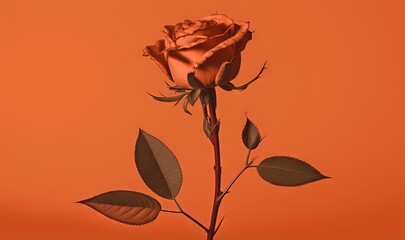  a single rose with leaves on an orange background with a reflection of the rose in the water and the leaves on the bottom of the stem.  generative ai
