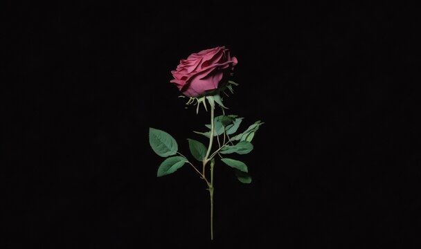  a single pink rose with green leaves on a black background with space for text or image to be placed in the center of the image.  generative ai