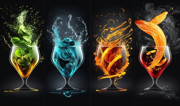  a set of four glasses with different colored liquids and a fish tail on the top of the glasses, on a black background with a black background.  generative ai