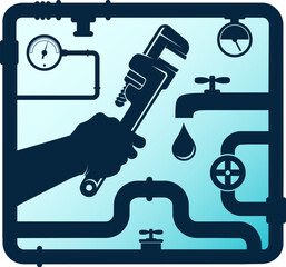 Wrench in the hand of a plumber. Water pipe system. Plumbing repair and service