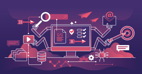 Marketing automation and digital AI content ads creation outline concept. Advertising with artificial intelligence targeting, automated promotions and social media tools strategy vector illustration.