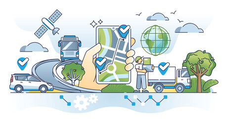 GPS tracking devices for satellite signal location detection outline concept. Global positioning system for shipment tracking and courier route for delivery vector illustration. Point on route map. - obrazy, fototapety, plakaty