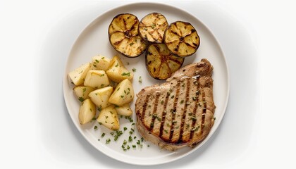 A plate of grilled pork chops with applesauce and roasted potatoes on White Background with copy space for your text created with generative AI technology