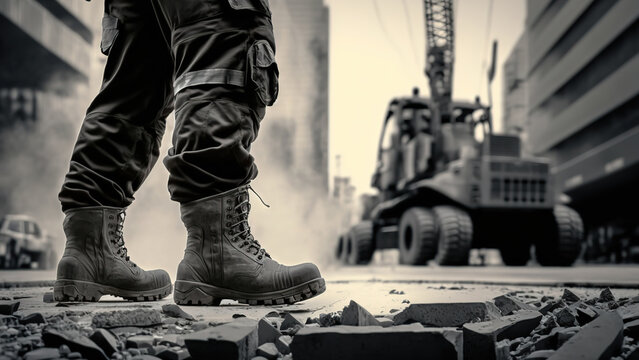 A construction labor worker in fully coverall uniform and safety shoe is standing on background of construction site. Ready to working in industrial unsafe workplace scene. Generative Ai image.