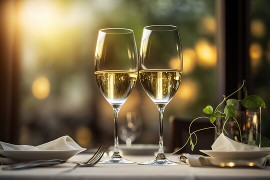 2 glasses of the champagne or white wine are placed on dining table at the luxury restaurant. Generative Ai image.	
