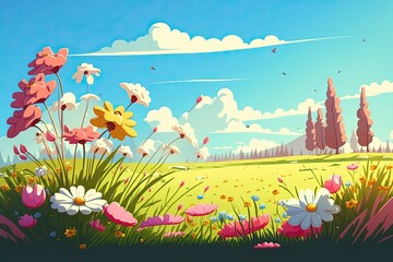 Obraz na płótnie Canvas An illustrated depiction of a meadow full of blooming flowers during the spring season. Generative AI.