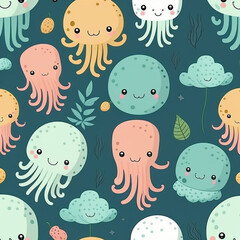 Pattern with Cute jellyfish smiling, cartoon kawaii style illustration. Generative AI. Perfect content for wallpaper, postcards, posters, fabric, napkins and other creative projects. 