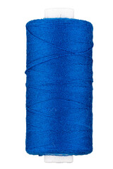 Spool with dark blue thread for sewing, supply for sewing, isolated object, close-up macro with...