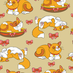 Seamless pattern with sleepy ginger cats vector illustration