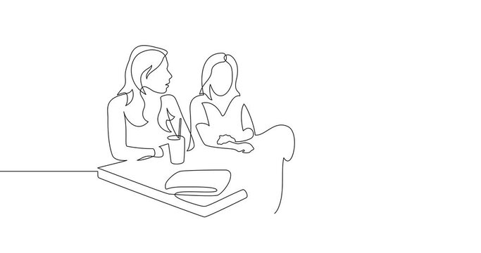 Animation of an image drawn with a continuous line. Girls at a table in a cafe.