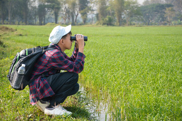 Asian boy wearing plaid shirt and a cap holding a binoculars and looking at the flock of birds feeding on the paddy field and flying in the sky in the paddy field.