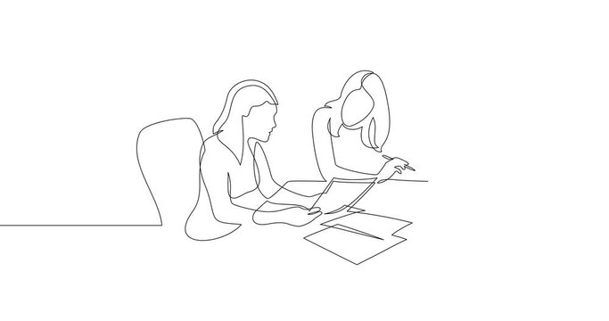 Animation of an image drawn with a continuous line. Two women examine documents. Business brief.