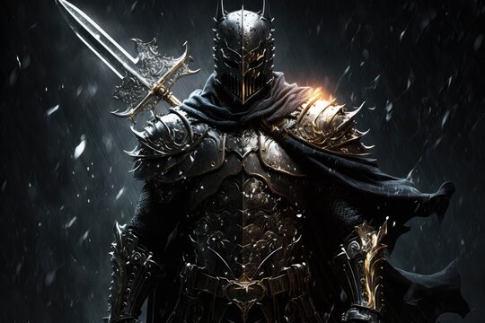 guardian warrior in form of dark knight with armor and large sword, created with generative ai