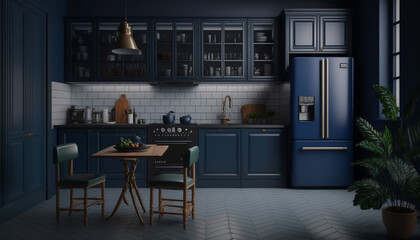 Modern dark blue kitchen and minimalist interior design