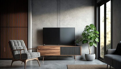 Wall mounted tv and wooden cabinet with gray armchair in modern living room the concrete wall